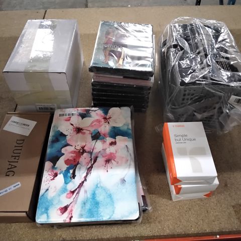 BOX OF ASSORTED HOMEWARE TO INCLUDE TABLET CASES, DVDS, EARPHONE CASES ETC