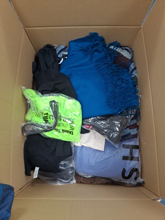 BOX OF ASSORTED CLOTHING TO INCLUDE ACCESSORIES, T-SHIRTS, PANTS ETC 