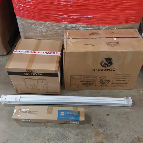 PALLET OF ASSORTED ITEMS INCLUDING: OFFICE CHAIR, AIR FRYER, LED LIGHT FIXTURE, ROLLER BLINDS