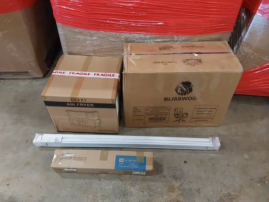 PALLET OF ASSORTED ITEMS INCLUDING: OFFICE CHAIR, AIR FRYER, LED LIGHT FIXTURE, ROLLER BLINDS