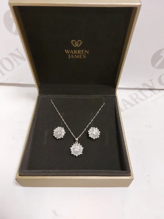 BOXED WARREN JAMES SILVER NECKLACE AND STUD EARRINGS SET WITH SPARKLE STONES