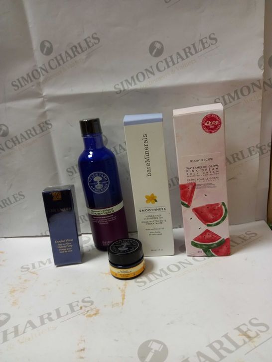 LOT OF 5 ASSORTED BEAUTY PRODUCTS TO INCLUDE BAREMINERALS CLEANSING OIL, GLOW RECIPE BODY CREAM, NEAL'S YARD REMEDIES FOAMING BATH, ETC