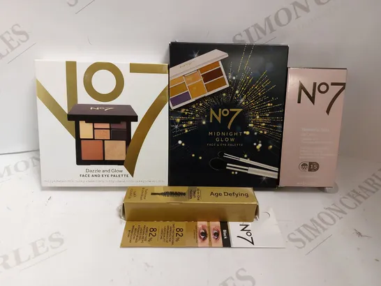 BOX OF 4 NO.7 ITEMS TO INCLUDE BEAUTIFUL SKIN BB CREAM, MIDNIGHT GLOW FACE&EYE PALETTE, DAZZLE AND GLOW FACE&EYE PALETTE