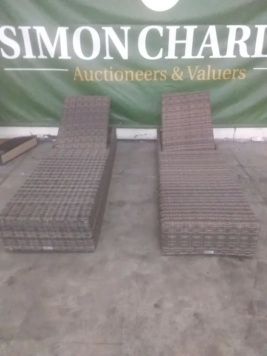 X2 RATTAN EFFECT GARDEN SUNLOUNGERS BROWN