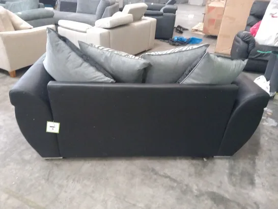 DESIGNER GREY FABRIC AND BLACK SUEDE EFFECT TWO SEATER SOFA WITH SCATTER CUSHIONS