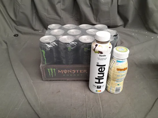 14 ASSORTED FOOD ITEMS TO INCLUDE MONSTER ENERGY, HUEL VANILLA FOOD DRINK AND GRENADE WHITE CHOCOLATE PROTEIN SHAKE- COLLECTION ONLY