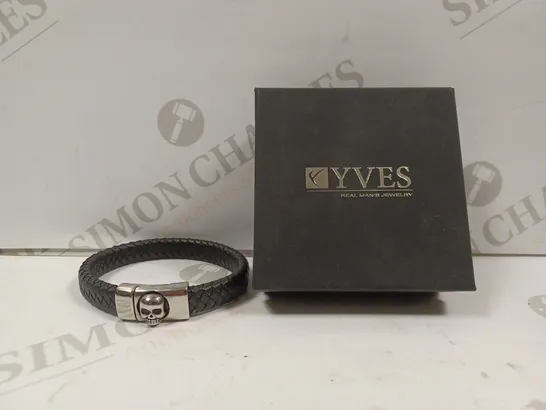 YVES BLACK MENS LEATHER & STAINLESS STEEL BRACELET 