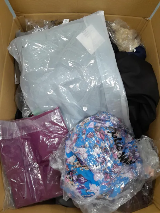 BOX OF APPROXIMATELY 10 CLOTHING ITEMS TO INCLUDE WALLET, BELT, TOP ETC