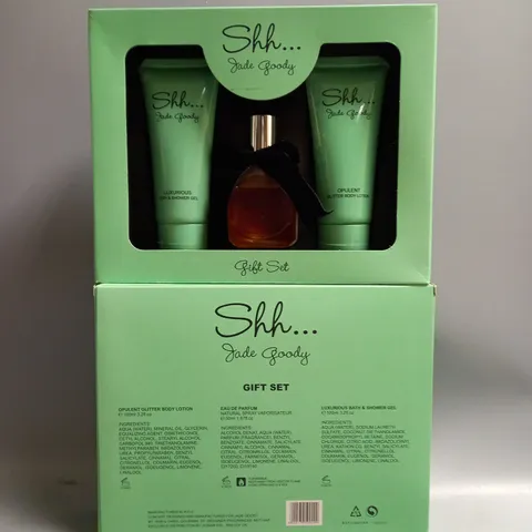 BOX OF APPROX 14 SHH... JADE GOODY GIFT SETS CONTAINING GLITTER BODY LOTION 100ML, EAU DE PARFUM 50ML AND BATH & SHOWER GEL 100ML