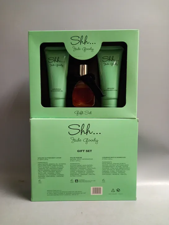 BOX OF APPROX 14 SHH... JADE GOODY GIFT SETS CONTAINING GLITTER BODY LOTION 100ML, EAU DE PARFUM 50ML AND BATH & SHOWER GEL 100ML