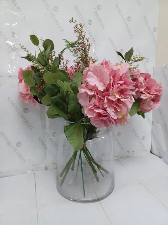 BOXED OUTLET PEONY CHRYSANTHEMUMS AND AUTUMNAL FOLIAGE IN AN OPTIC VASE