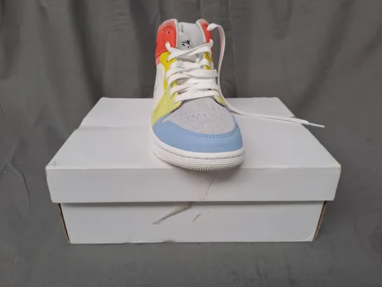 BOXED PAIR OF NIKE AIR JORDAN 1 MID SHOES IN SAIL/WHITE/MULTICOLOUR UK SIZE 4.5