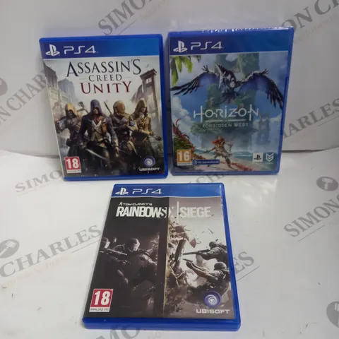 3 X ASSORTED PS4 GAMES. INCLUDES ASSASSINS CREED UNITY, HORIZON FORBIDDEN WEST & RAINBOW SIX SIEGE 