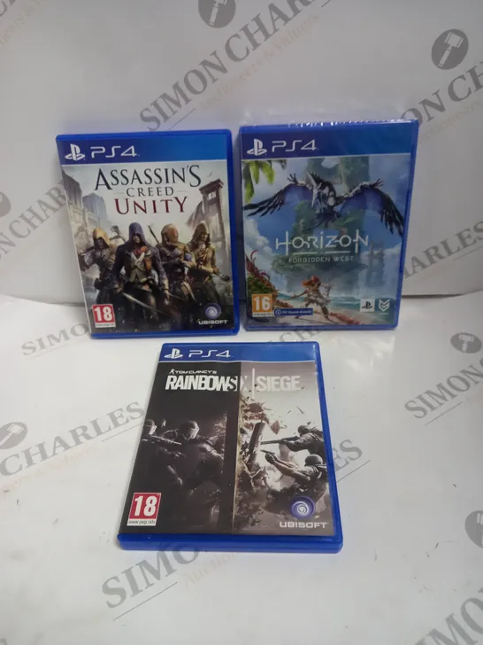 3 X ASSORTED PS4 GAMES. INCLUDES ASSASSINS CREED UNITY, HORIZON FORBIDDEN WEST & RAINBOW SIX SIEGE 