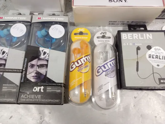 LOT OF 9 ASSORTED AUDIO ITEMS TO INCLUDE SONY HEADSET, JVC GUMMYS AND MONSTER SPORTS EARPHONES