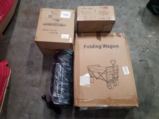 PALLET OF ASSORTED PRODUCTS INCLUDING FOLDING WAGON, INFRARED TOWER HEATER, CEILING FAN, INDUCTION POT, FULL LENGTH MIRROR 