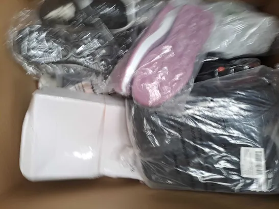 BOX OF APPROXIMATELY 15 ASSORTED PAIRS OF SHOES AND FOOTWEAR ITEMS IN VARIOUS STYLES AND SIZES TO INCLUDE RIVER ISLAND, PRIMARK, ETC