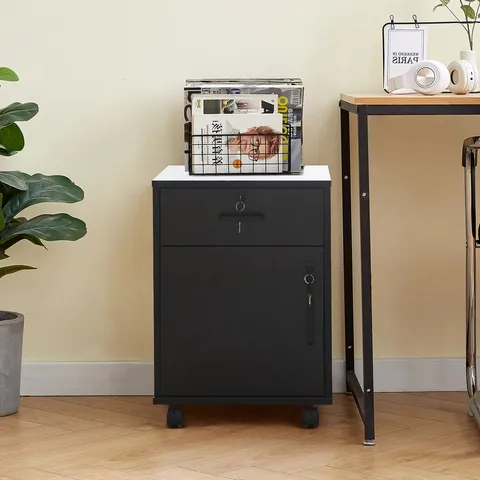 BOXED BLACK BEDSIDE CHEST WITH WHEELS