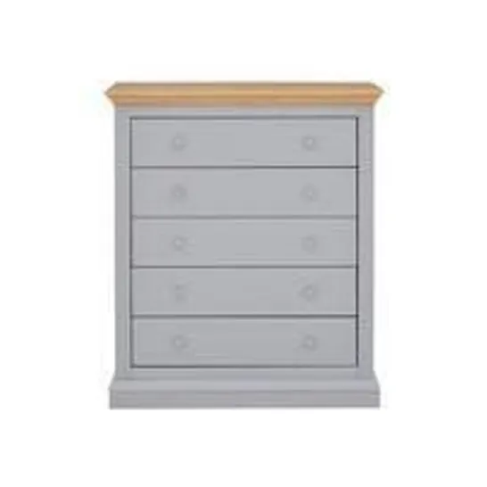 BOXED GRADE 1 HANNA GREY/OAK EFFECT 5-DRAWER CHEST (1 BOX)