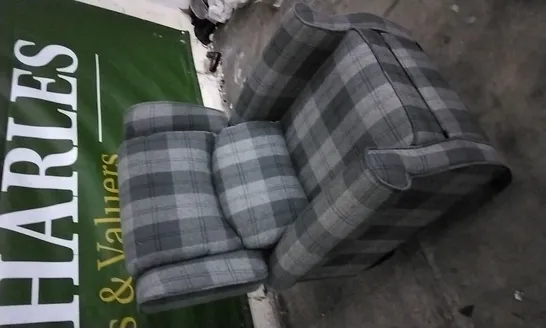 QUALITY DESIGNER LIGHT/DARK GREY TARTAN FABRIC PUSHBACK RECLINER ARMCHAIR 