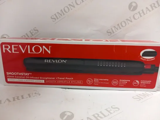 BOXED REVLON SMOOTHSTAY 25MM COCONUT OIL INFUSED STRAIGHTENER AND TRAVEL POUCH