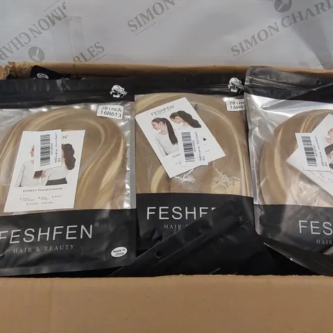 BOX CONTAINING APPROXIMATELY 100 FESHFEN BLONDE/BROWN PONYTAIL EXTENSIONS