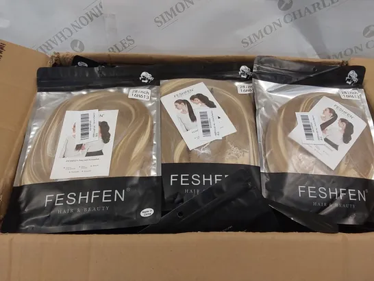 BOX CONTAINING APPROXIMATELY 100 FESHFEN BLONDE/BROWN PONYTAIL EXTENSIONS