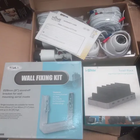 PALLET OF ASSORTED ELECTRICAL ITEMS INCLUDING WALL FIXING KIT, TOAST RACK, CCTV CAMERA KIT