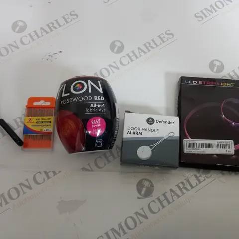 BOX OF APPROX 20 ASSORTED ITEMS TO INCLUDE - DEFENDER DOOR HANDLE ALARM - LED STRIP LIGHT - DYLON ROSEWOOD RED ECT