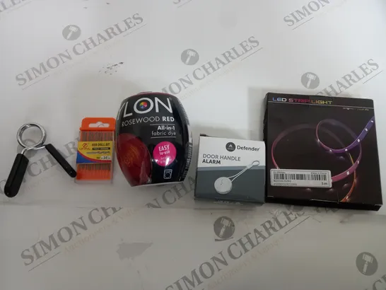 BOX OF APPROX 20 ASSORTED ITEMS TO INCLUDE - DEFENDER DOOR HANDLE ALARM - LED STRIP LIGHT - DYLON ROSEWOOD RED ECT