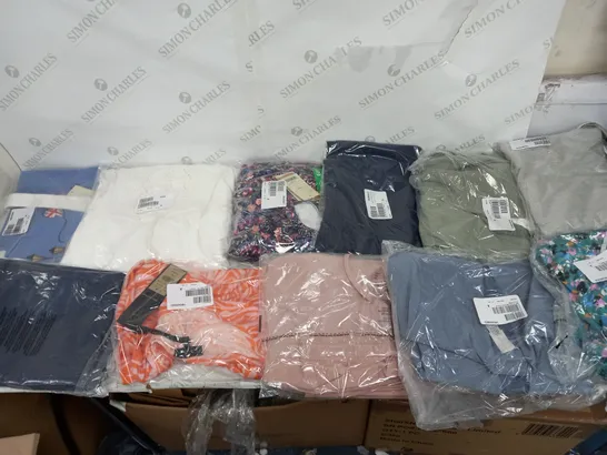 LARGE BOX OF ASSORTED CLOTHING ITEMS TOO INCLUDE TOPS , TROUSERS AND JUMPERS COMING IN DIFFERENT COLOURS AND SIZES 