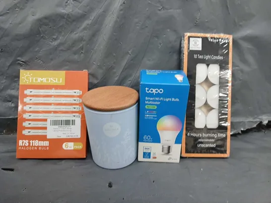 BOX OF APPROXIMATELY 12 ASSORTED ITEMS TO INCLUDE - 10 TEA LIGHTS , TAPO SMART WI-FI LIGHT BULB , HALOGEN BULB ETC