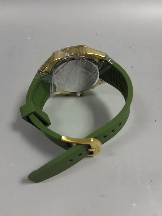 MENS LOUIS LACOMBE CHRONGRAPH WATCH – 3 SUB DIALS – GOLD COLOUR CASE – GREEN RUBBER STRAP