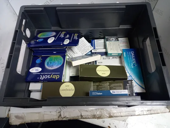 BOXED LOT TO CONTAIN APPROX. 35 X ASSORTED VISION CARE PRODUCTS. INCLUDES PACKS OF CONTACT LENSES & CONTACT LENSE CLEANING SOLUTION. BRANDS VARY