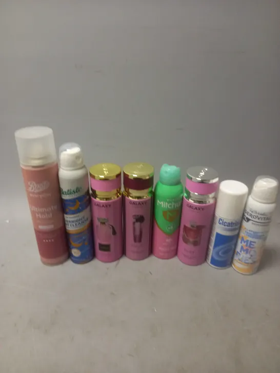 APPROXIMATELY 12 ASSORTED AEROSOLS TO INCLUDE WOMEN POWDER FRESH, BOOTS ULTIMATE HOLD, AND GALAXY MIDNIGHT ETC. 