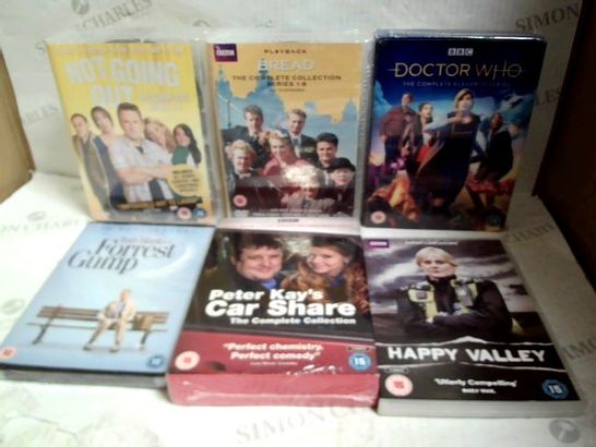LOT OF APPROXIMATELY 15 ASSORTED DVDS, TO INCLUDE DR WHO, BREAD, NOT GOING OUT, ETC
