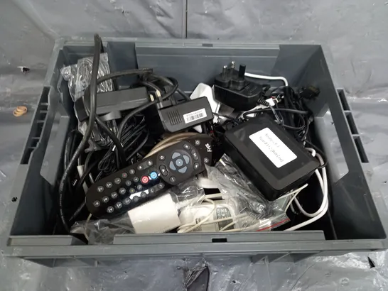 BOX OF ASSORTED HOUSEHOLD ITEMS TO INCLUDE REMOTE CONTROLS AND ASSORTED CABLES