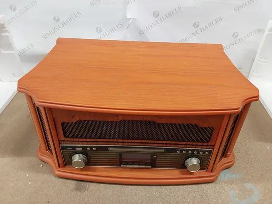 BRAND NEW BOXED SHUMAN VINTAGE 8-IN-1 WIRELESS MUSIC CENTRE WITH REMOTE CONTROL, DAB DIGITAL/FM RADIO, 3-SPEED TURNTABLE, CD/CASSETTE PLAYER, USB PLAYBACK/RECORDING, RCA LINE OUT, REAL WOOD (1 BOX)