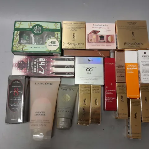 BOX OF ASSORTED MAKEUP AND HEAL AND BEAUTY ITEMS TOO INCLUDE YSL COTURE , LANCOME MOISTURISER , CLARINS PERFECTOR - COLLECTION ONLY 