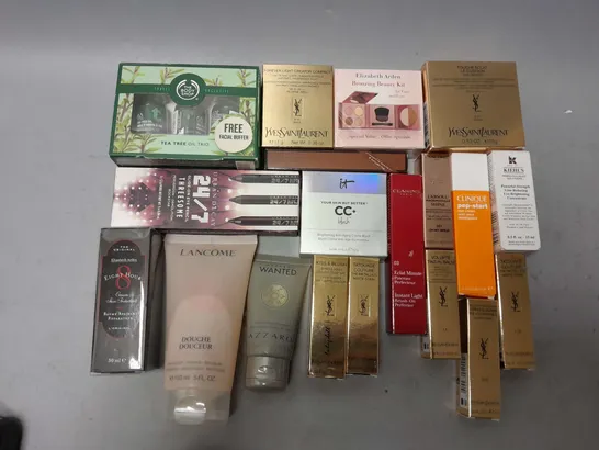 BOX OF ASSORTED MAKEUP AND HEAL AND BEAUTY ITEMS TOO INCLUDE YSL COTURE , LANCOME MOISTURISER , CLARINS PERFECTOR