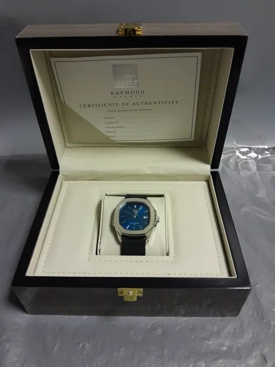 MENS RAYMOND GAUDIN JPN MOVEMENT WATCH WITH 316 STAINLESS STEEL CASE, BLUE DIAL AND RUBBER STRAP IN WOODEN GIFT BOX 