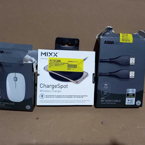 BOX OF APPROXIMATEY 15 ASSORTED ELECTRICAL ITEMS TO INCLUDE ASDA TECH SLIM WIRELESS MOUSE, MIXX CHARGESPOT WIRELESS CHARGER, ASDA TECH HDMI CABLE, ETC