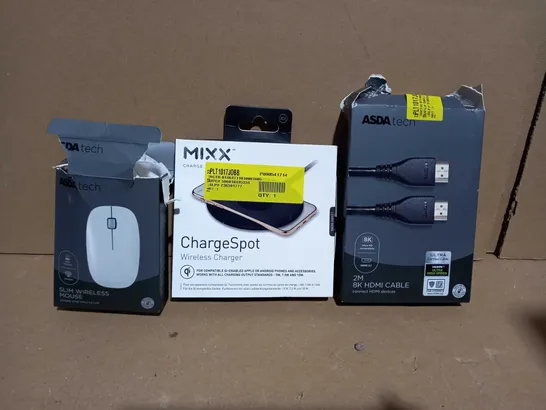 BOX OF APPROXIMATEY 15 ASSORTED ELECTRICAL ITEMS TO INCLUDE ASDA TECH SLIM WIRELESS MOUSE, MIXX CHARGESPOT WIRELESS CHARGER, ASDA TECH HDMI CABLE, ETC