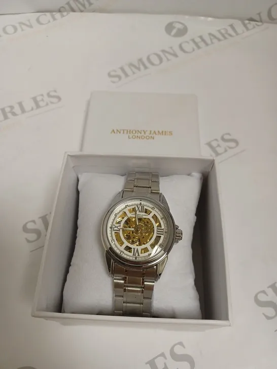 BOXED ANTHONY JAMES GENTS LIMITED EDITION SKELETON AUTOMATIC  STAINLESS STEEL WATCH - SILVER