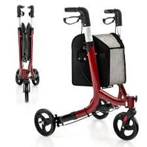 BOXED COSTWAY 3-WHEEL ROLLING WALKER WITH ADJUSTABLE HANDLE AND REMOVABLE SHOPPING BAG - RED