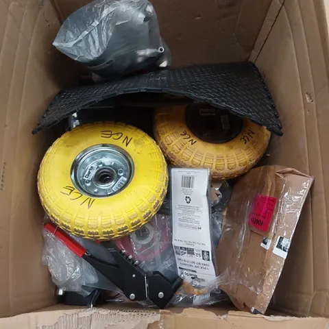 BOX OF ASSORTED TOOLS INCLUDING; SACK TRUCK WHEELS, SOCKETS ETC