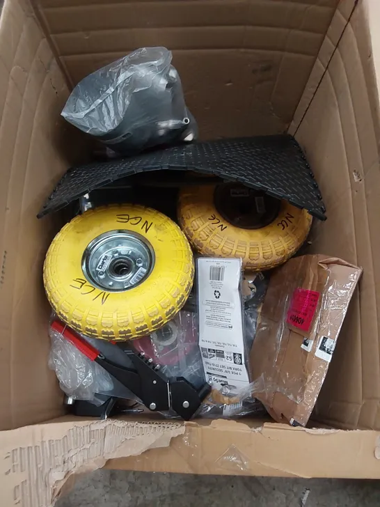 BOX OF ASSORTED TOOLS INCLUDING; SACK TRUCK WHEELS, SOCKETS ETC