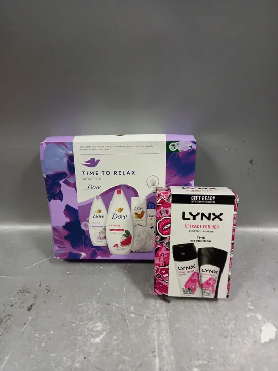 LOT OF 2 ASSORTED COSMETIC BOXSETS TO INCLUDE - DOVE TIME TO RELAX COLLECTION - LYNX ATTRACT FOR HER BODY COLLECTION