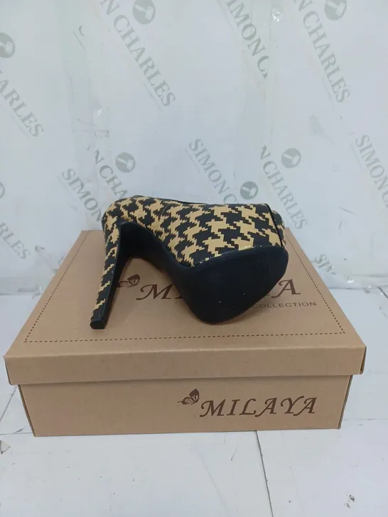 BOXED LOT OF 5 PAIRS OF LADIES MILAYA COLLECTION SHOES. BLACK AND GOLD VARIOUS SIZE