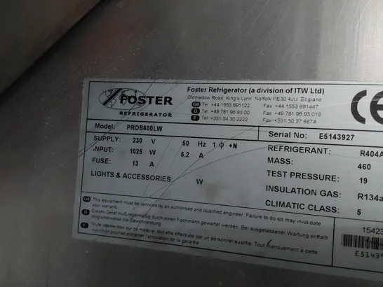 FOSTER TALL COMMERCIAL FRIDGE PROB600LB